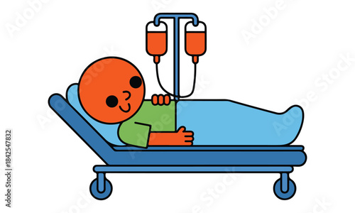 A happy cartoon patient lying in a hospital bed receiving an intravenous drip