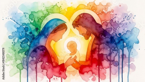 Watercolor Christmas background, Holy Family silhouettes with glowing gradients 