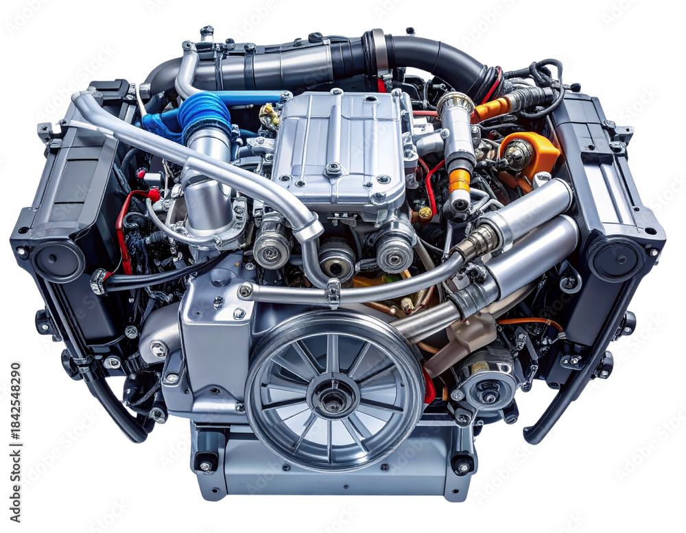 Fototapeta premium Top-Down View of Transparent Car Engine with Wiring and Tubing Visible, Isolated on Transparent Background.