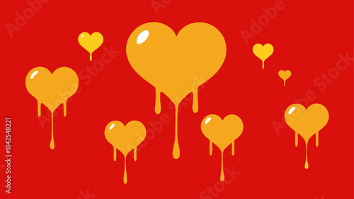 A stylized illustration of multiple melting yellow hearts dripping on a red backdrop