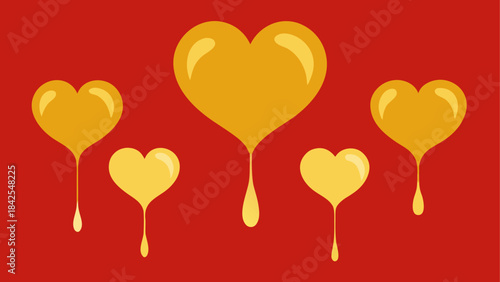 Five melting golden hearts dripping sweetness on a vibrant red backdrop