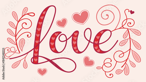 Stylized script lettering of the word love surrounded by hearts and decorative floral elements