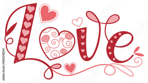 A beautiful and stylized illustration of the word 'love' decorated with hearts and playful swirls