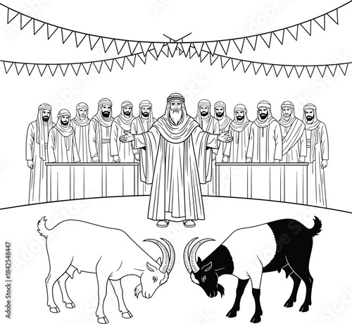 Ancient Ritual Goats and Elders Line Art Illustration