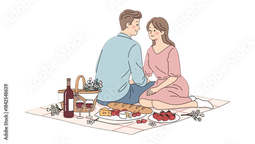 Romantic Picnic: A couple enjoying each other's company on a romantic picnic, with food and drink spread out on a checkered blanket in a beautiful illustration.