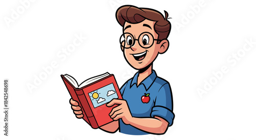 Enthusiastic young student in glasses reading a book about weather and nature scenes, with an apple symbol on his shirt