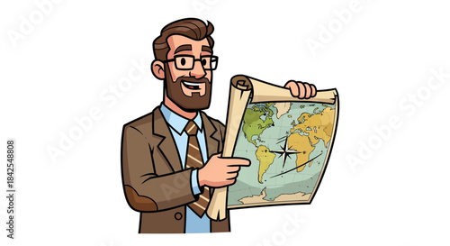 A knowledgeable professor in a suit holding a vintage world map and pointing towards a continent, illustrating a geography lesson with a smile