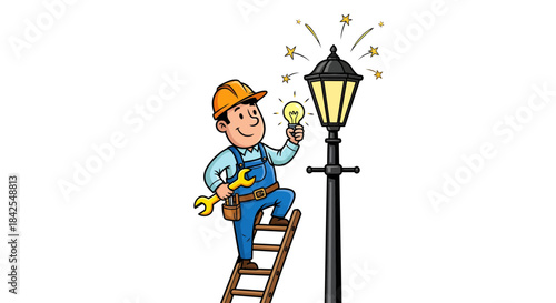 A friendly electrician in a hard hat climbs a ladder to fix a glowing street lamp, symbolizing repair and illumination