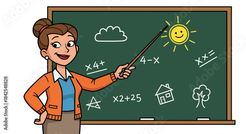 Woman pointing at a blackboard with drawings and mathematical equations