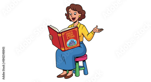 A cheerful woman sitting on a stool and reading a book aloud, with an illustration of a castle on the cover