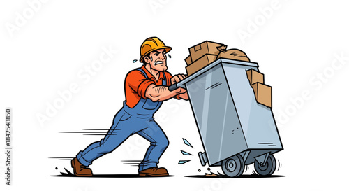 Hard-working construction worker pushing a heavily loaded cart uphill with great effort and strain