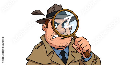A cartoon detective in a trench coat and fedora intensely peers through a magnifying glass, his eyebrow furrowed in concentration