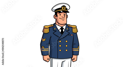 Cartoon illustration of a smiling captain in a uniform, standing and wearing a white hat