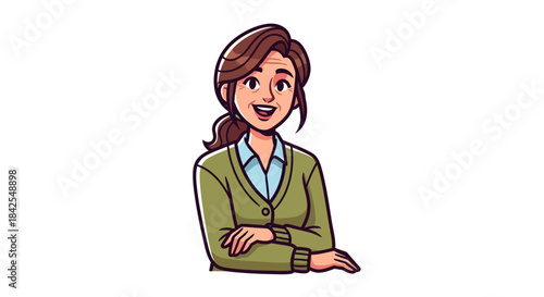 Illustration of a smiling woman with arms crossed, wearing a collared shirt and cardigan