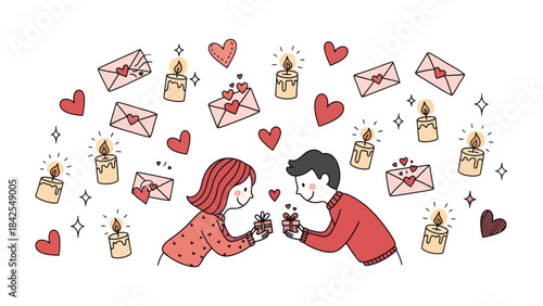 Shared Affection: An illustration of a couple sharing a sweet gesture amidst love symbols, creating a heartwarming scene of affection and unity.