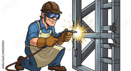 Skilled craftsman diligently welding metal structure with sparks flying, illustrating industrial construction and skilled labor