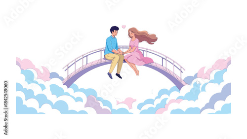 Romantic Bridge in Sky: A tender illustration depicts a couple, sitting close on a bridge suspended among fluffy clouds and a sweet sky.