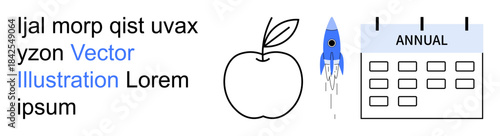 Education, planning, creativity, design, scheduling, space exploration. Features an apple, a blue rocket and an annual calendar. Education and planning-themed visual composition