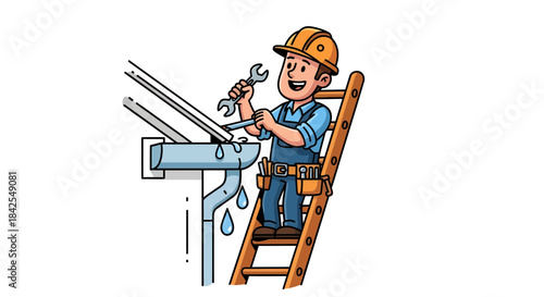 Handyman on Ladder Repairing Gutter System with Tools
