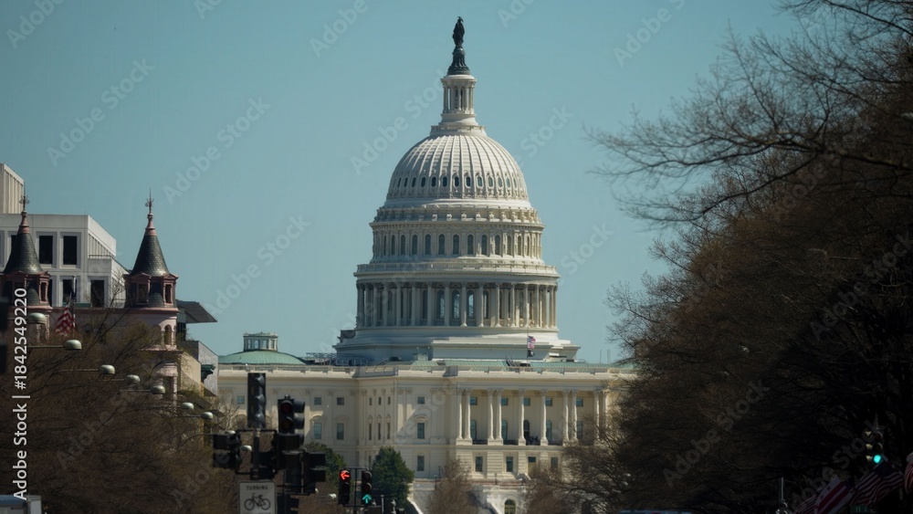 Obraz premium Capitol building is visible in the distance with trees along the road, shows a sunny day in Washington DC with no people around.