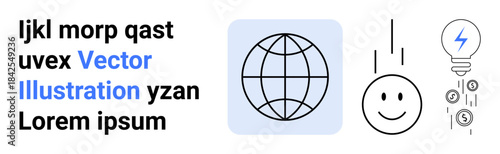 Innovation, financing, global reach, creativity, idea generation, collaboration. Minimalist ion of a globe, light bulb smiling face and currency symbols. Innovation and financing visualization