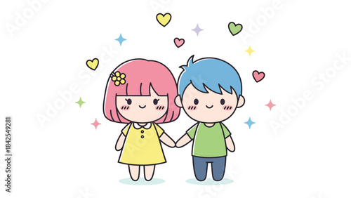 Love's Blossoms: Two adorable cartoon characters, hand in hand, enveloped by an aura of affection, with hearts and stars showering around them, symbolizing the blossoming of love. 