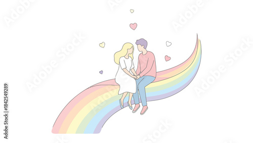 Love on the rainbow: The young couple sat down on rainbow, hearts floating above their heads, which expressed the meaning of romance and joy.