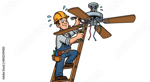 Skilled Handyman Ascending Ladder to Repair a Ceiling Fan