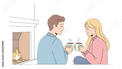 Cozy Comfort: Romantic couple shares a warm moment by the fireplace, sipping from mugs and enveloped in the ambiance of their relationship.