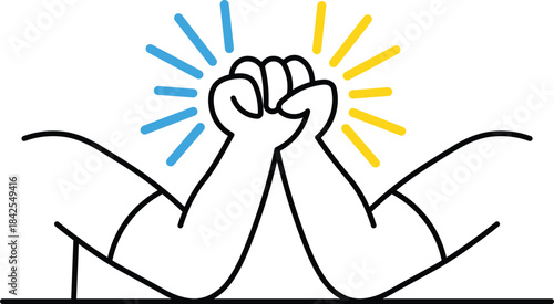 Two stylized hands in arm wrestling match with blue and yellow radiating lines competition