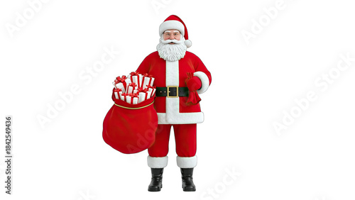Santa Claus Holding Gifts Bag on White Background
