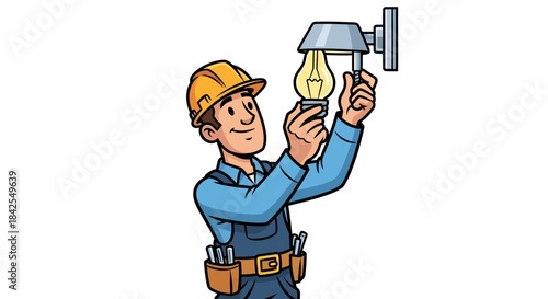 Professional electrician installing a light bulb on a wall-mounted fixture with a tool belt around his waist