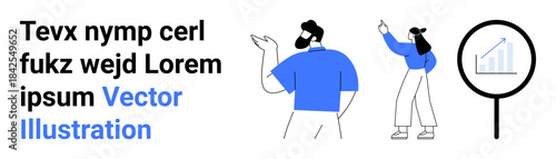 Two professionals exchanging ideas with a growth graph under a magnifying glass. Ideal for teamwork, analytics, strategy, data review, project management, brainstorming, simple landing page