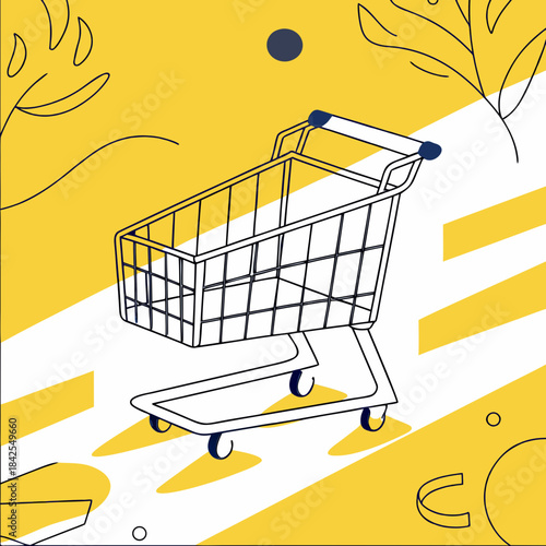 Vector illustration of a red metal shopping cart trolley for retail supermarket sale and purchase