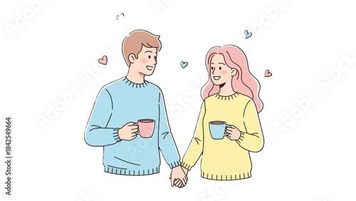 Coffee Date's Intimate Moments: An illustration showcases a happy couple, immersed in a moment of connection during a coffee date. Their clasped hands and shared smiles convey warmth and affection.