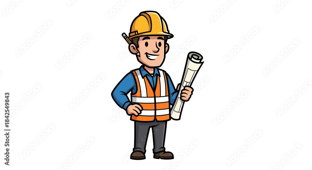 Fototapeta premium Cartoon construction worker wearing a hard hat and safety vest holding blueprints, illustration of a builder on a white background
