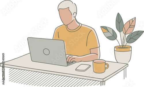Illustration of a person working from home on a laptop at a desk with coffee and a plant isolated on transparent background, Vector