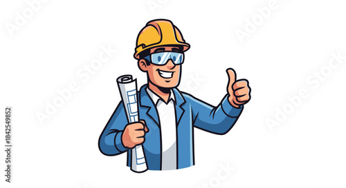 Cartoon architect or engineer in hard hat and safety glasses holding blueprints and giving a thumbs up