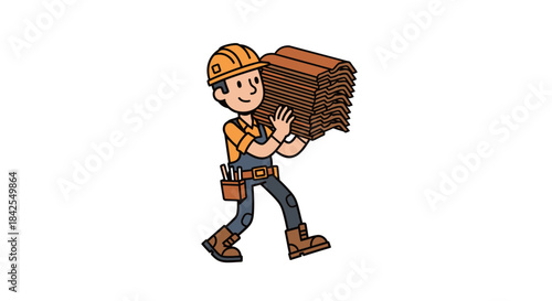 Construction worker carrying roof tiles on his shoulder, wearing a hard hat and work clothes, illustration