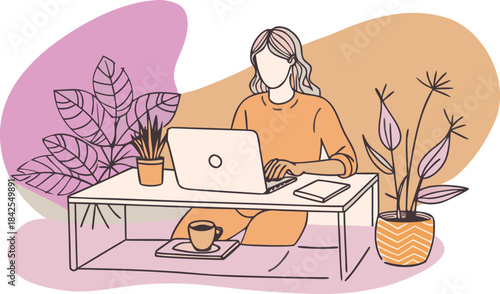Woman working comfortably from home on her laptop, surrounded by plants isolated on transparent background, Vector