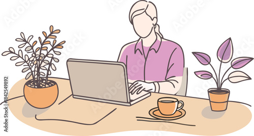A minimalist illustration of a person working on a laptop at a clean desk with houseplants. isolated on transparent background, Vector