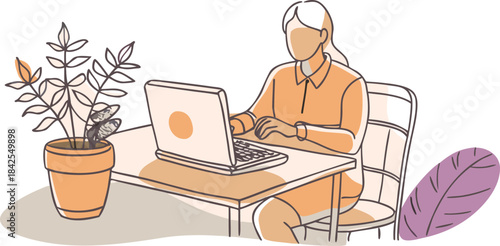 A young woman sitting at a desk and working remotely on her laptop in a minimalist setting isolated on transparent background, Vector