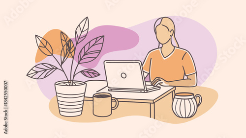 Minimalist illustration of a person working remotely on a laptop in a cozy home office isolated on transparent background, Vector