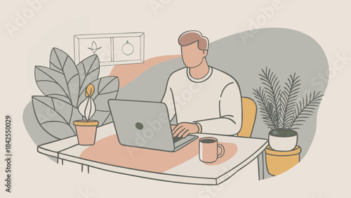 An illustration showing a man working at his desk on a laptop in a comfortable home office environment isolated on transparent background, Vector