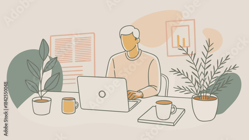 Minimalist illustration of a person working remotely from a modern home office setup. isolated on transparent background, Vector