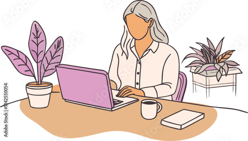 Minimalist illustration of a woman working remotely at her desk with houseplants isolated on transparent background, Vector