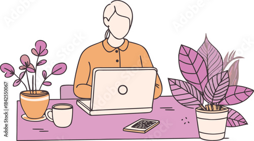 A person working remotely on a laptop at a purple desk with potted plants isolated on transparent background, Vector