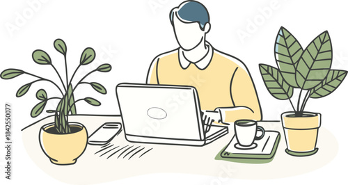 A person working remotely on a laptop at a desk with plants and coffee isolated on transparent background, Vector