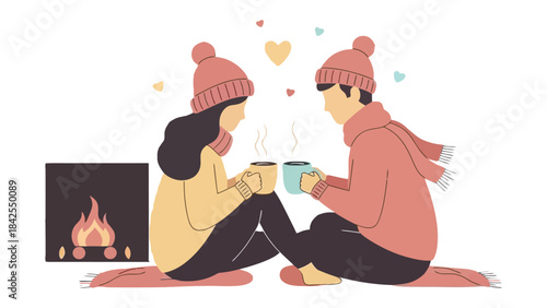 Cozy Moment by the Fire: A tender moment of warmth and connection as a couple shares a cup of warm beverage by the inviting glow of a fireplace, wearing winter attire.