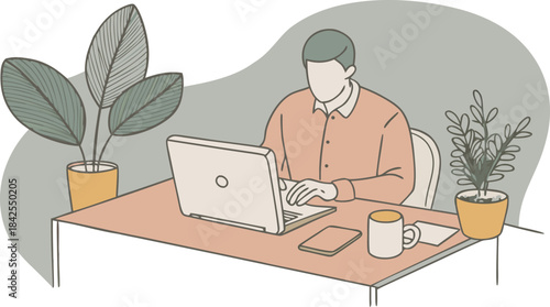 A person is working on a laptop at a home office desk surrounded by houseplants isolated on transparent background, Vector